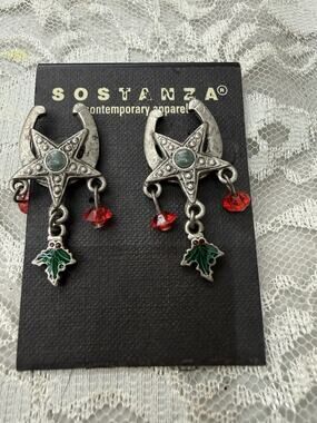 Vtg Sostanza 90s Star Horseshoe Western Silver Dangle Earrings Christmas Pierced